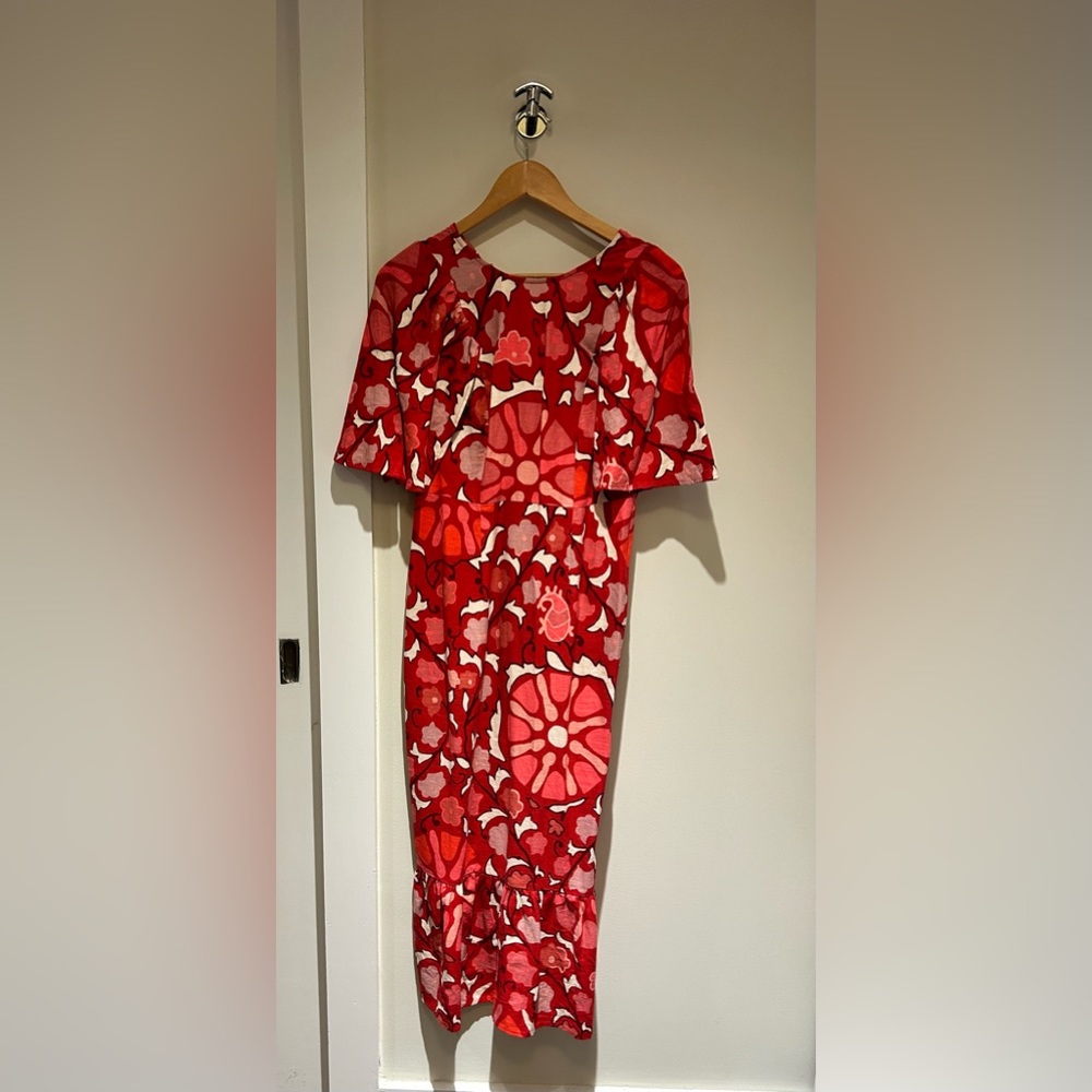 Women’s Zinnia Floral Print Bell Sleeve Midi Dress (Red, Pink & White) - Size 4